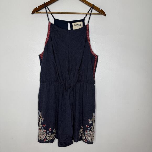 Savanna Jane Romper Large Blue Embroidered Floral Boho Sleeveless Summer NEW - Picture 1 of 7